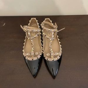 Valentino garavani rockstud flats-Black Patent with Beige Leather Straps